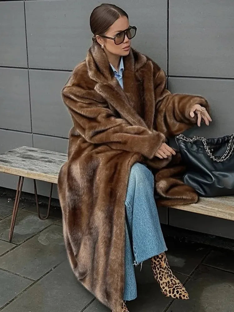 Women Faux Fur Overcoat Luxury Chic Fashion Lapel Long Sleeve Loose Fluffy Coat Lady Winter Warm Elegant Street Outerwear New