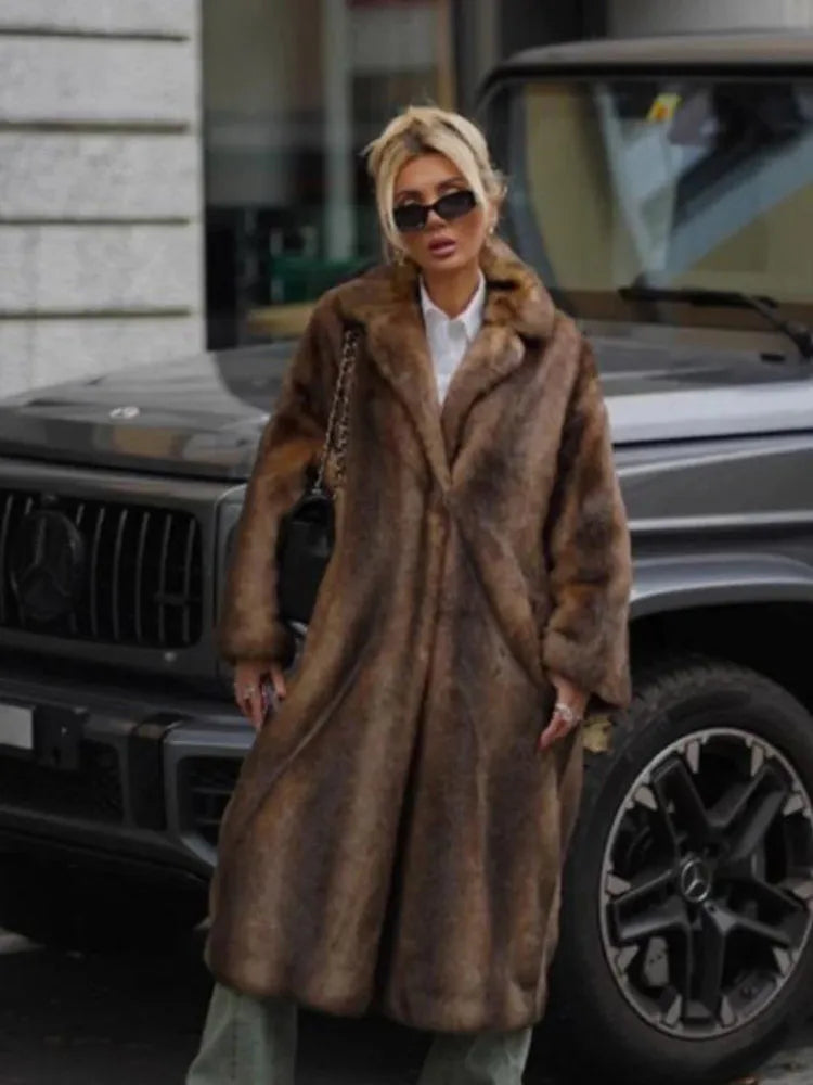 Women Faux Fur Overcoat Luxury Chic Fashion Lapel Long Sleeve Loose Fluffy Coat Lady Winter Warm Elegant Street Outerwear New