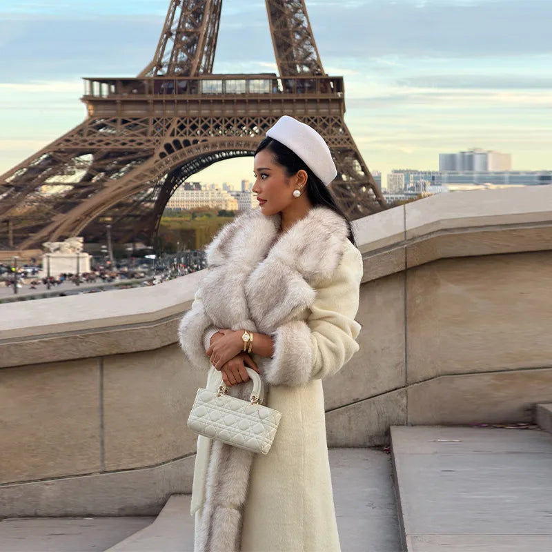 2026 Woman Vintage Faux Fur Woolen Long Luxury Overcoat Chic Full Sleeve V-neck Lace Up Loose Coat New Lady Commute Warm Outwear