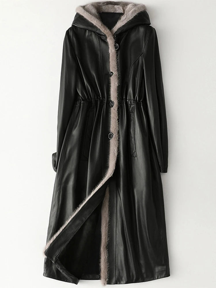 Lautaro Winter Long Warm Thick Black Leather Coat Women with Fur Inside Elegant Luxury Faux Fur Lined Jacket Parka Fashion 2021