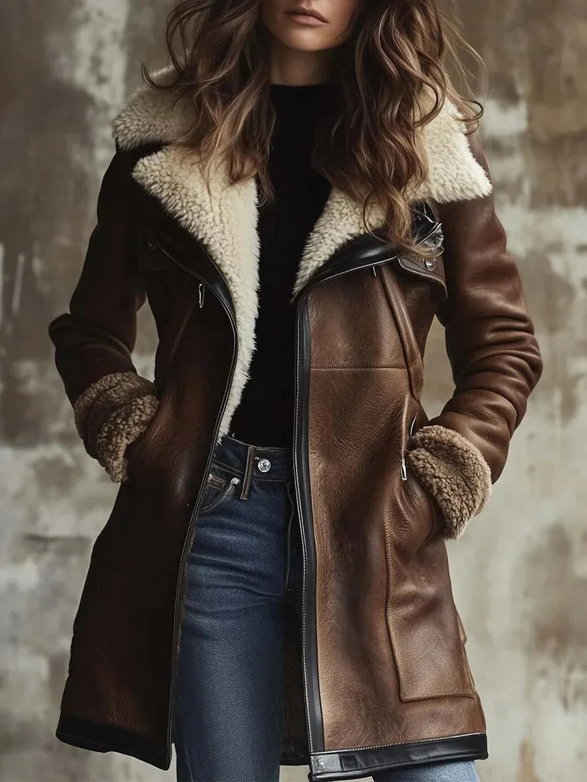 Vintage Distressed Brown Faux Leather Shearling Moto Coat, Women Diagonal Zip Lapel Warm Mid-length Sheepskin Outerwear