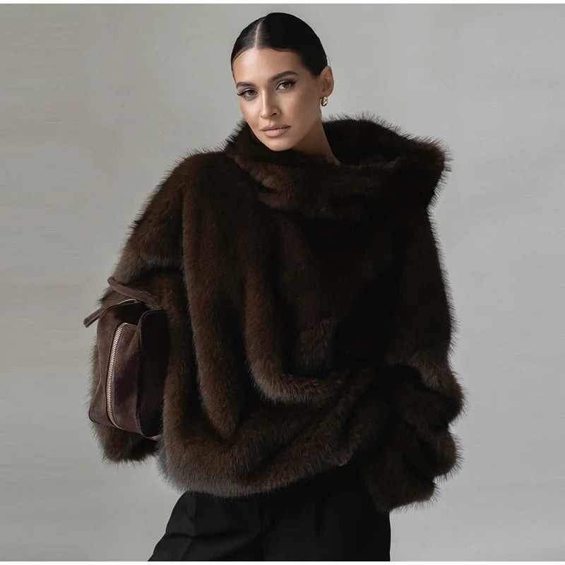 Winter Brown Faux Fur Hooded Women's Coat Full Sleeve Warm Thick Loose Plush Pullover Female 2025 Fashion Lady New Outwear