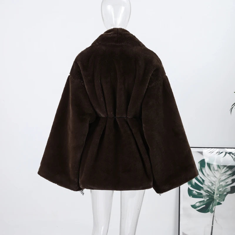 Women's Elegant Faux Fur Coat Fashion Oversized Long Sleeve Warm Belt Waist Jacket Lady 2026 Spring New Chic Street Outerwear