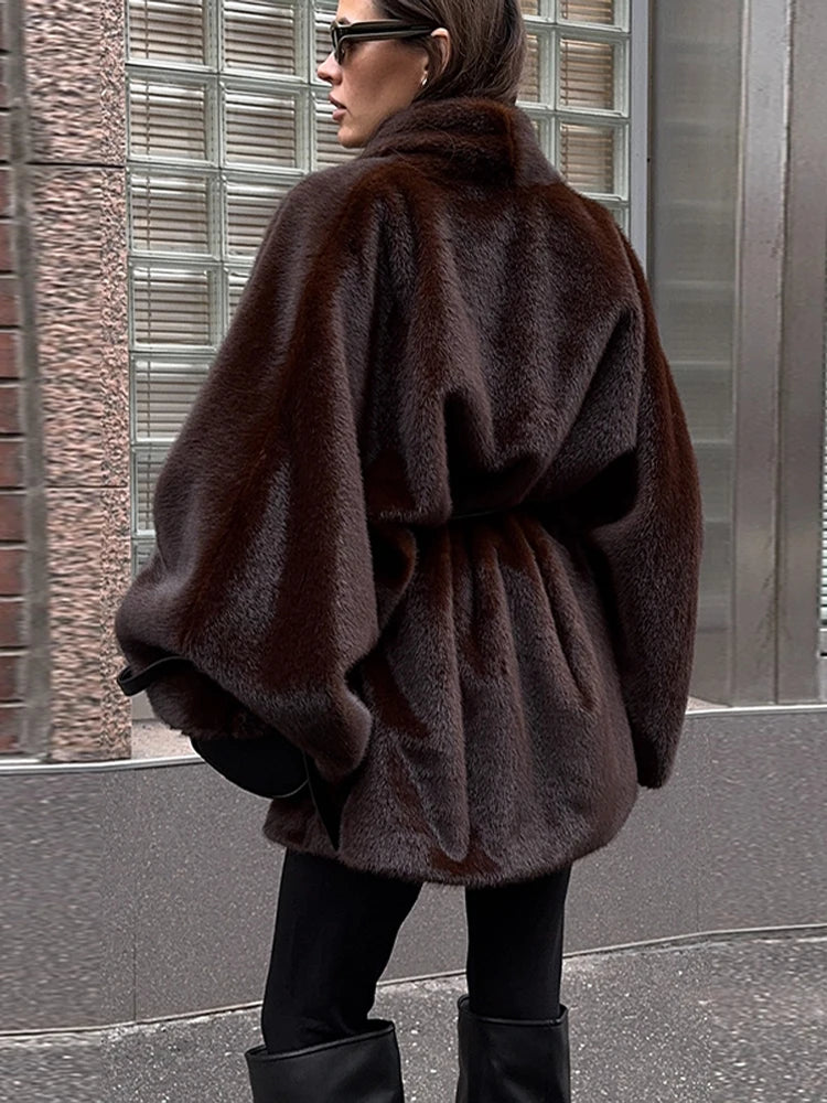Women's Elegant Faux Fur Coat Fashion Oversized Long Sleeve Warm Belt Waist Jacket Lady 2026 Spring New Chic Street Outerwear
