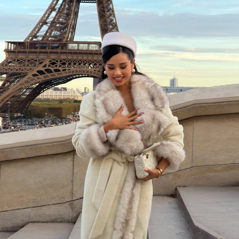 2026 Woman Vintage Faux Fur Woolen Long Luxury Overcoat Chic Full Sleeve V-neck Lace Up Loose Coat New Lady Commute Warm Outwear