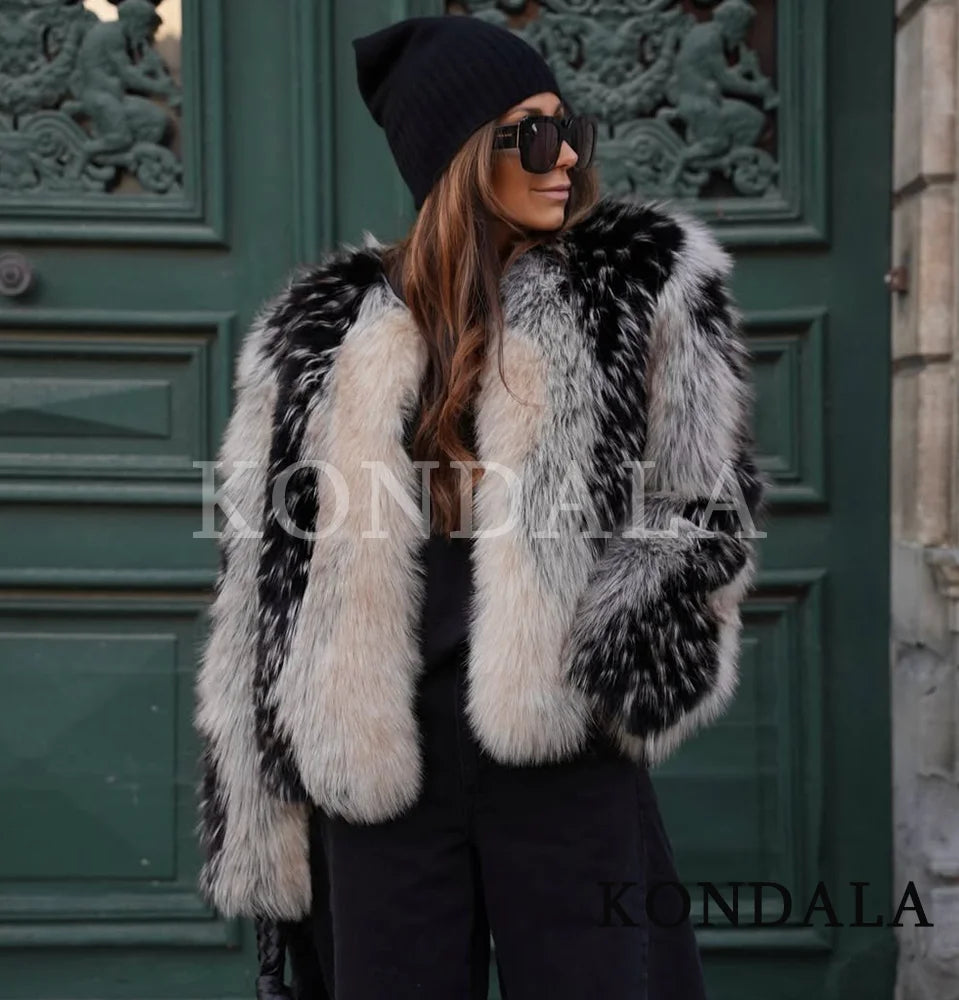 KONDALA Women High Street Fur Coat Trendy Contrast Jacket O-Neck Faux Fur Jacket Coat 2025 Fall Winter Fashion Female Retro Coat