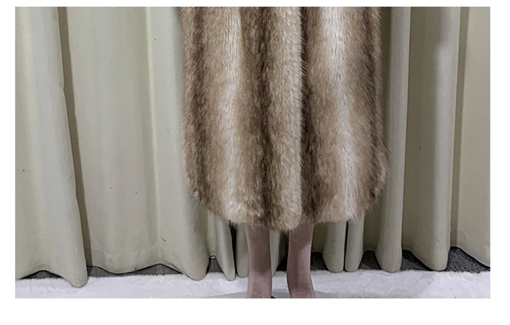 Autumn Winter Long Thick Warm Soft Hairy Striped Faux Fur Coat Women Runway Fashion Chic Loose Casual Fluffy Furry Overcoat 2025