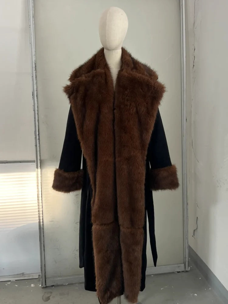 2026 Woman Vintage Faux Fur Woolen Long Luxury Overcoat Chic Full Sleeve V-neck Lace Up Loose Coat New Lady Commute Warm Outwear