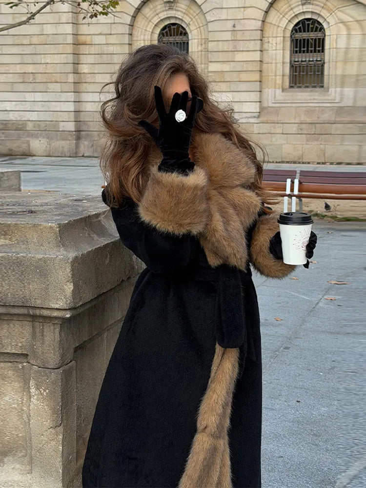 2026 Woman Vintage Faux Fur Woolen Long Luxury Overcoat Chic Full Sleeve V-neck Lace Up Loose Coat New Lady Commute Warm Outwear