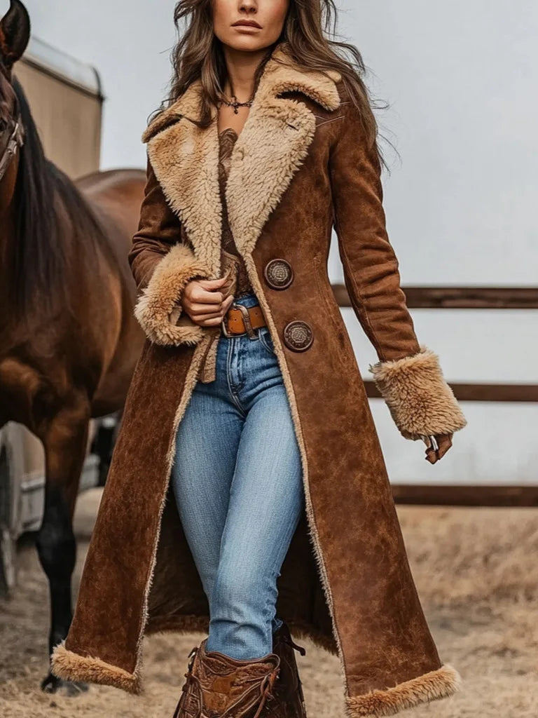 Women's Brown Vintage Coat Western Denim Plush Autumn And Winter Fashionable Warm Coat Outdoor Windproof Slim Fit Windbreaker