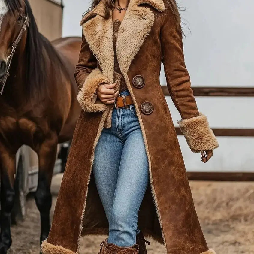 Women's Brown Vintage Coat Western Denim Plush Autumn And Winter Fashionable Warm Coat Outdoor Windproof Slim Fit Windbreaker