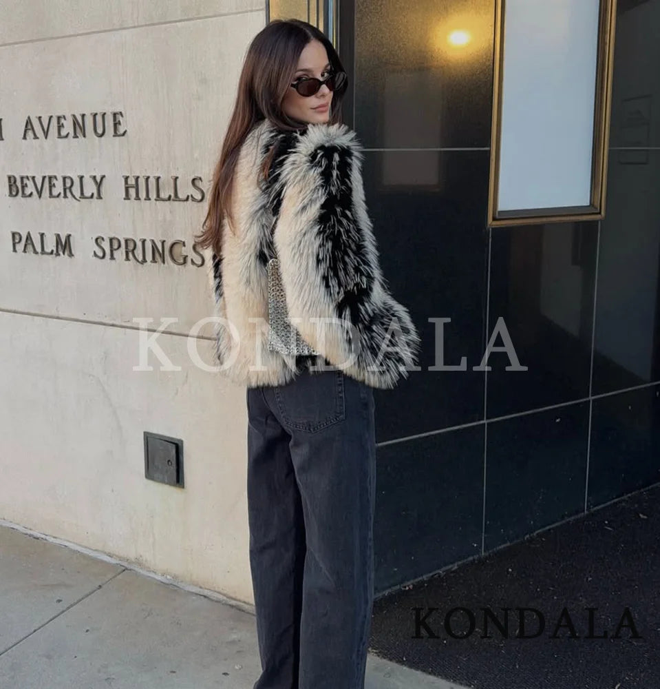 KONDALA Women High Street Fur Coat Trendy Contrast Jacket O-Neck Faux Fur Jacket Coat 2025 Fall Winter Fashion Female Retro Coat