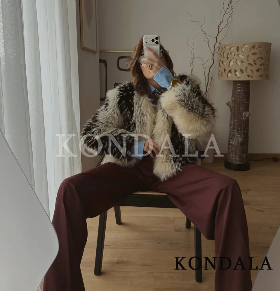 KONDALA Women High Street Fur Coat Trendy Contrast Jacket O-Neck Faux Fur Jacket Coat 2025 Fall Winter Fashion Female Retro Coat