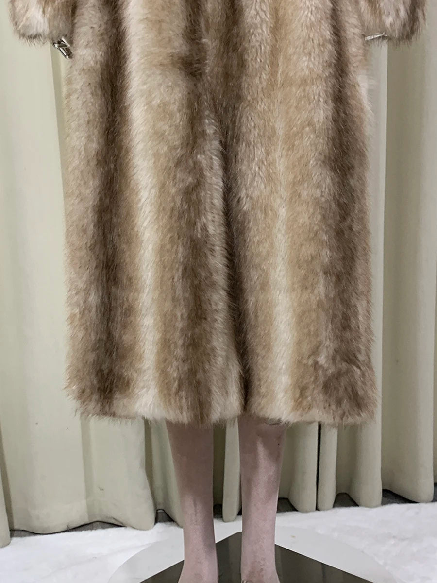 Autumn Winter Long Thick Warm Soft Hairy Striped Faux Fur Coat Women Runway Fashion Chic Loose Casual Fluffy Furry Overcoat 2025