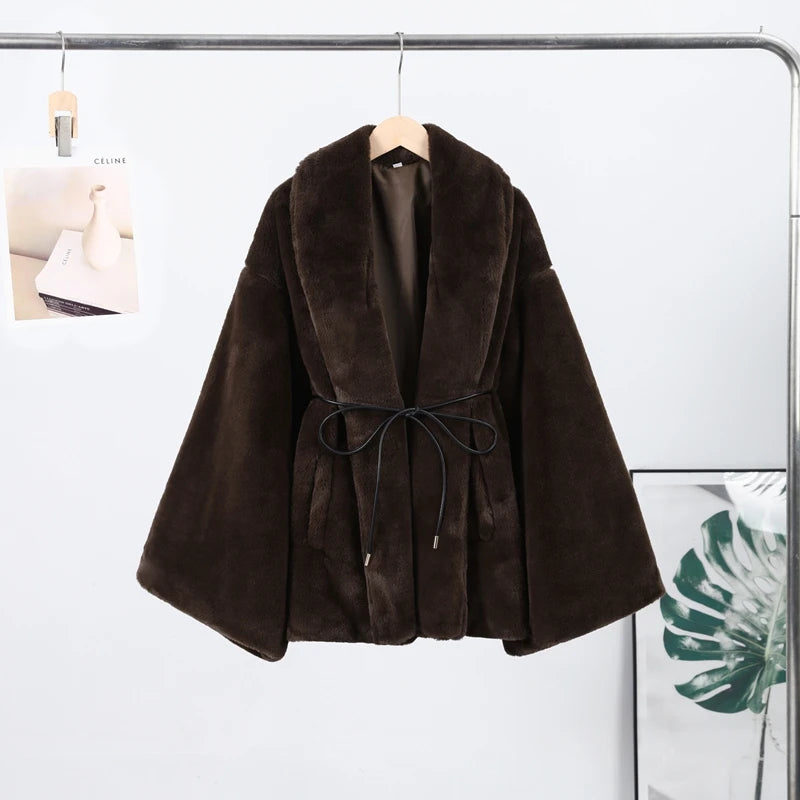 Women's Elegant Faux Fur Coat Fashion Oversized Long Sleeve Warm Belt Waist Jacket Lady 2026 Spring New Chic Street Outerwear