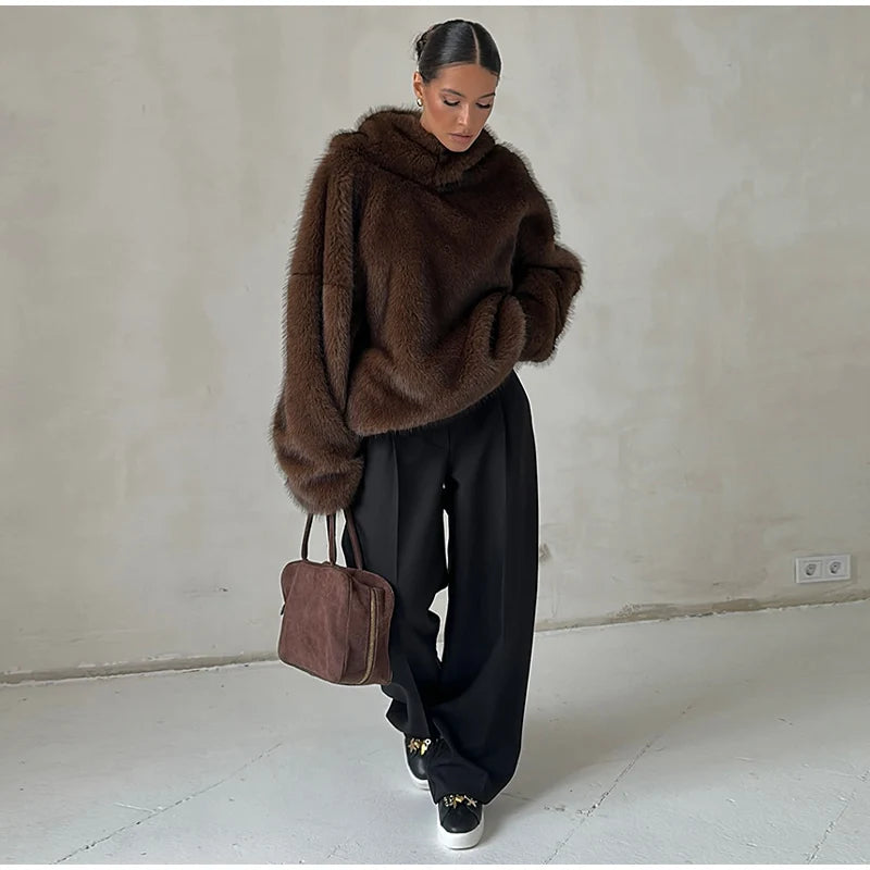 Winter Brown Faux Fur Hooded Women's Coat Full Sleeve Warm Thick Loose Plush Pullover Female 2025 Fashion Lady New Outwear