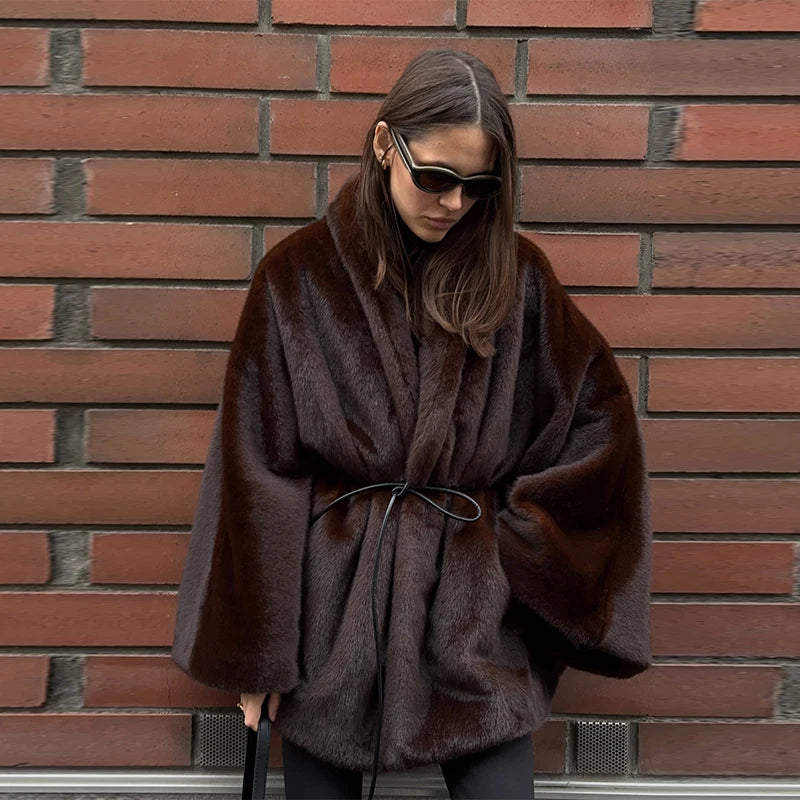 Women's Elegant Faux Fur Coat Fashion Oversized Long Sleeve Warm Belt Waist Jacket Lady 2026 Spring New Chic Street Outerwear