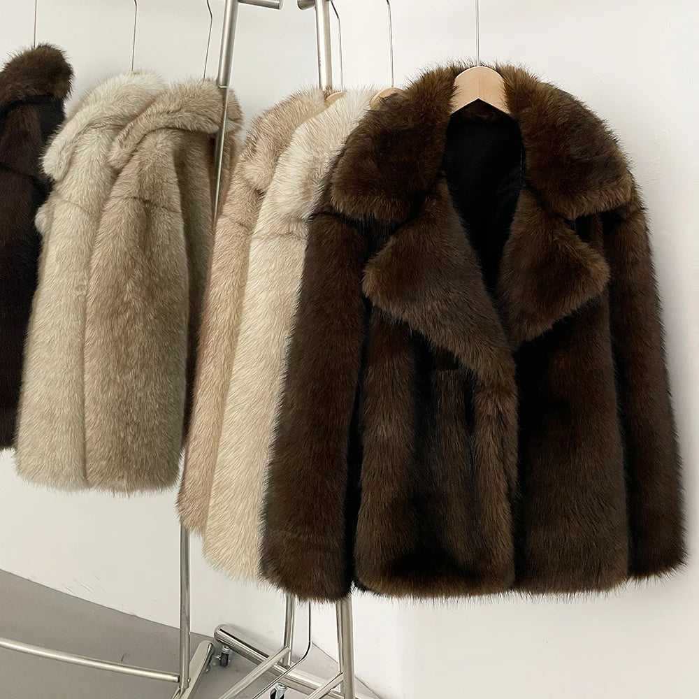 Fur Coat Eco-friendly Artificial Fur Coat Faux Fur Jacket Lapel Covered Button Loose Casual Women Coats Women's Winter Jacket