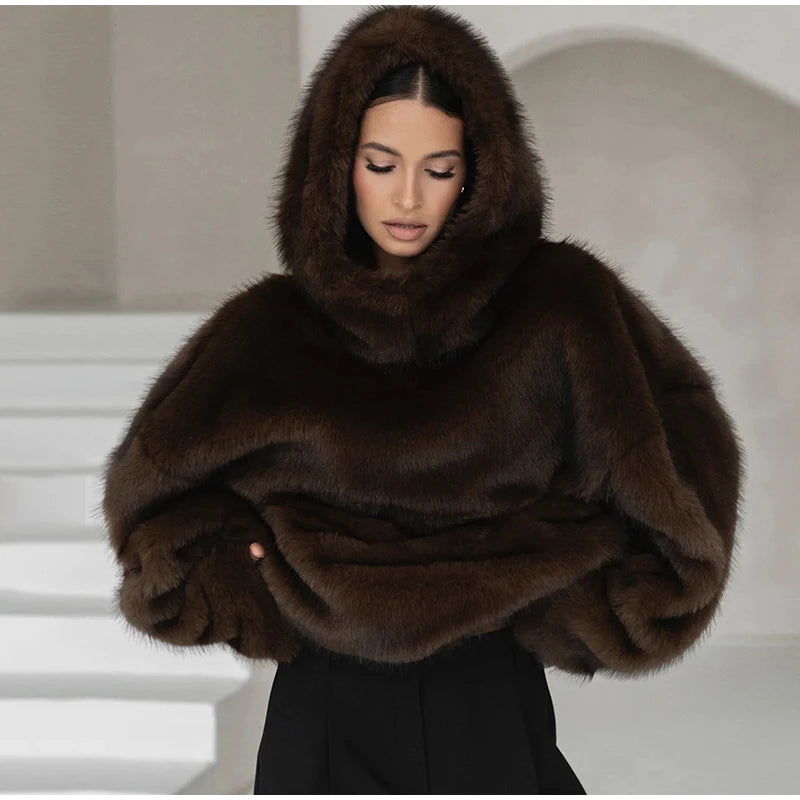 Winter Brown Faux Fur Hooded Women's Coat Full Sleeve Warm Thick Loose Plush Pullover Female 2025 Fashion Lady New Outwear