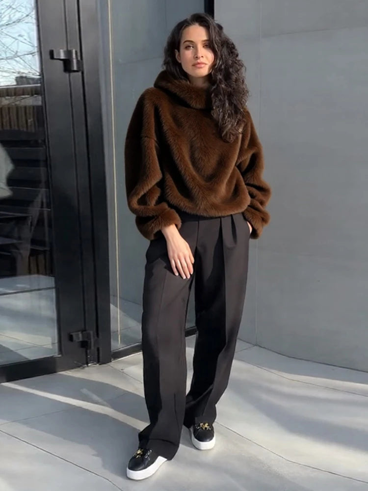 Winter Brown Faux Fur Hooded Women's Coat Full Sleeve Warm Thick Loose Plush Pullover Female 2025 Fashion Lady New Outwear