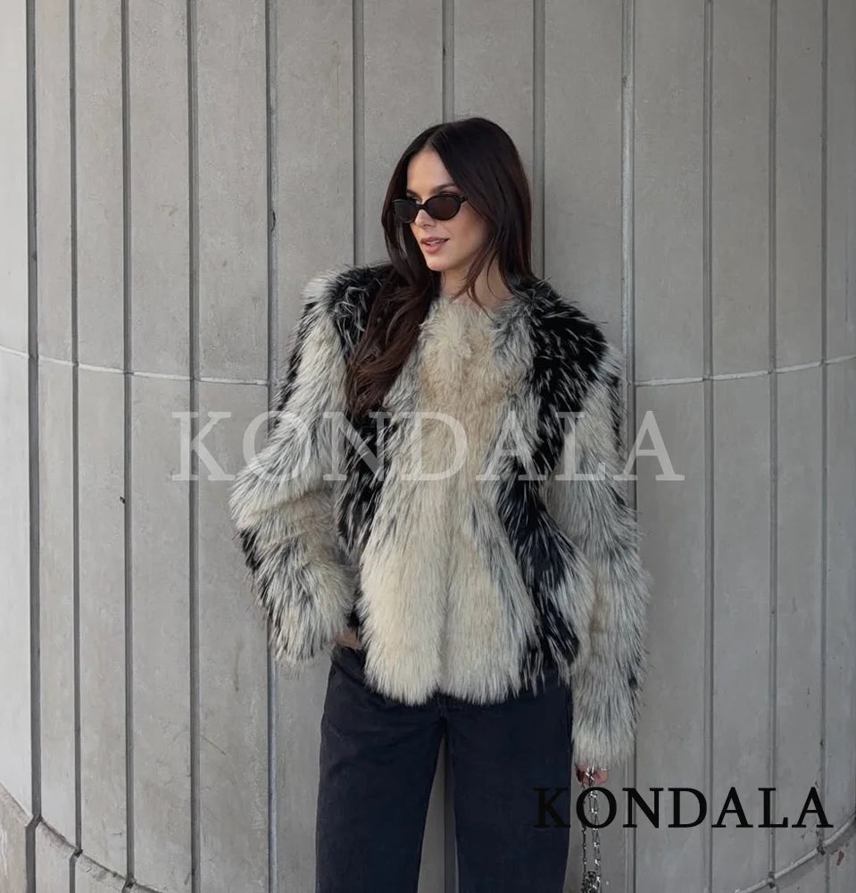 KONDALA Women High Street Fur Coat Trendy Contrast Jacket O-Neck Faux Fur Jacket Coat 2025 Fall Winter Fashion Female Retro Coat
