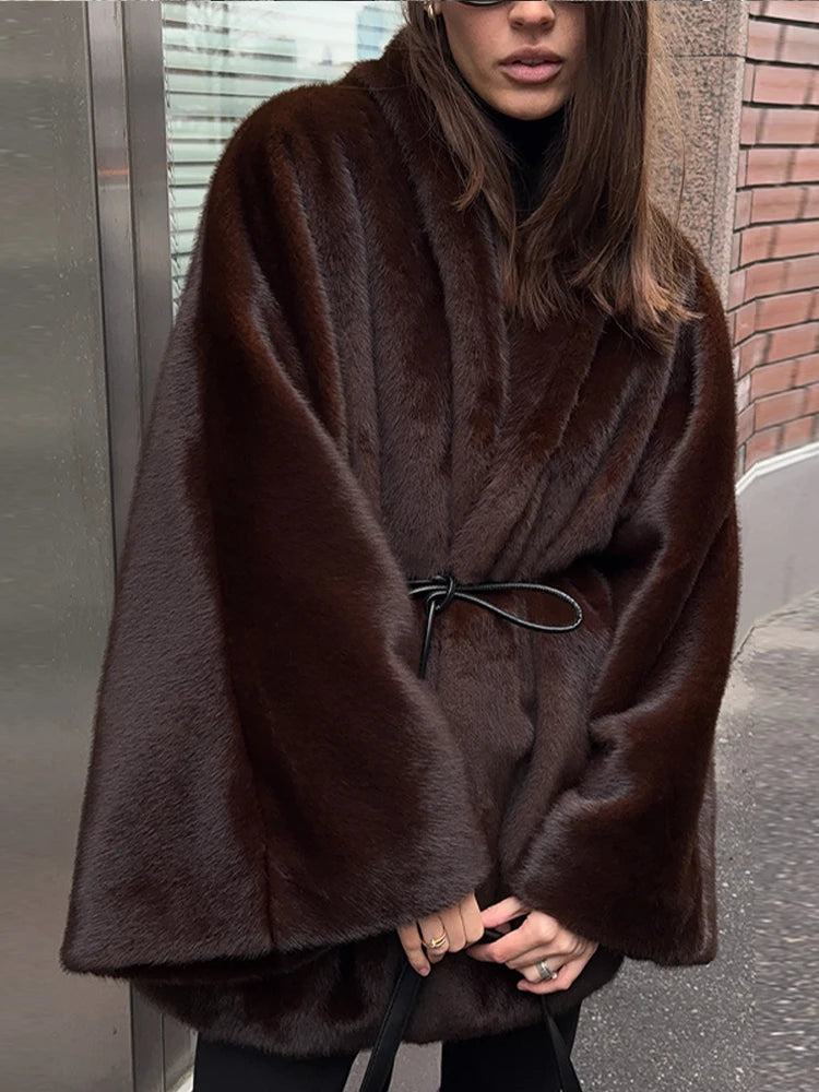 Women's Elegant Faux Fur Coat Fashion Oversized Long Sleeve Warm Belt Waist Jacket Lady 2026 Spring New Chic Street Outerwear