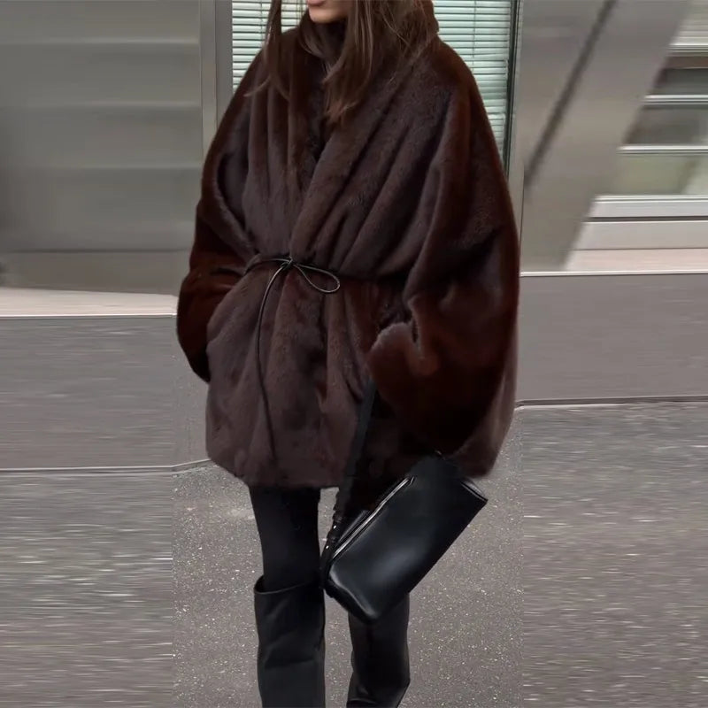 Women's Elegant Faux Fur Coat Fashion Oversized Long Sleeve Warm Belt Waist Jacket Lady 2026 Spring New Chic Street Outerwear