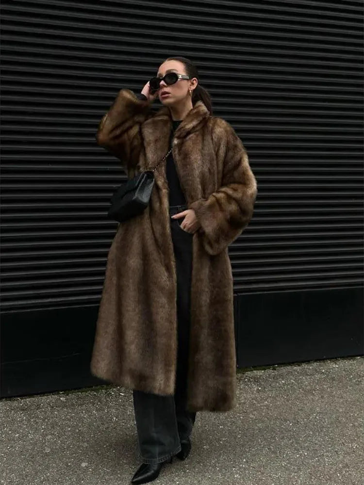 Women Faux Fur Overcoat Luxury Chic Fashion Lapel Long Sleeve Loose Fluffy Coat Lady Winter Warm Elegant Street Outerwear New
