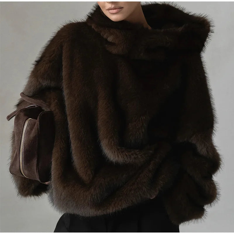 Winter Brown Faux Fur Hooded Women's Coat Full Sleeve Warm Thick Loose Plush Pullover Female 2025 Fashion Lady New Outwear