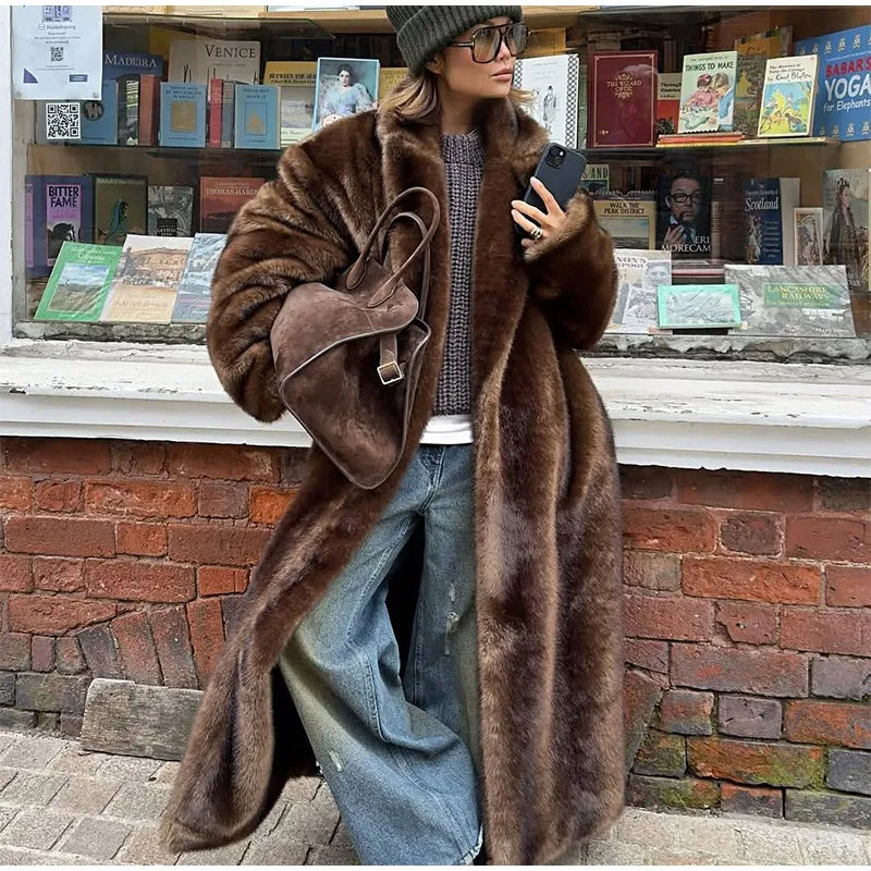 Women Faux Fur Overcoat Luxury Chic Fashion Lapel Long Sleeve Loose Fluffy Coat Lady Winter Warm Elegant Street Outerwear New