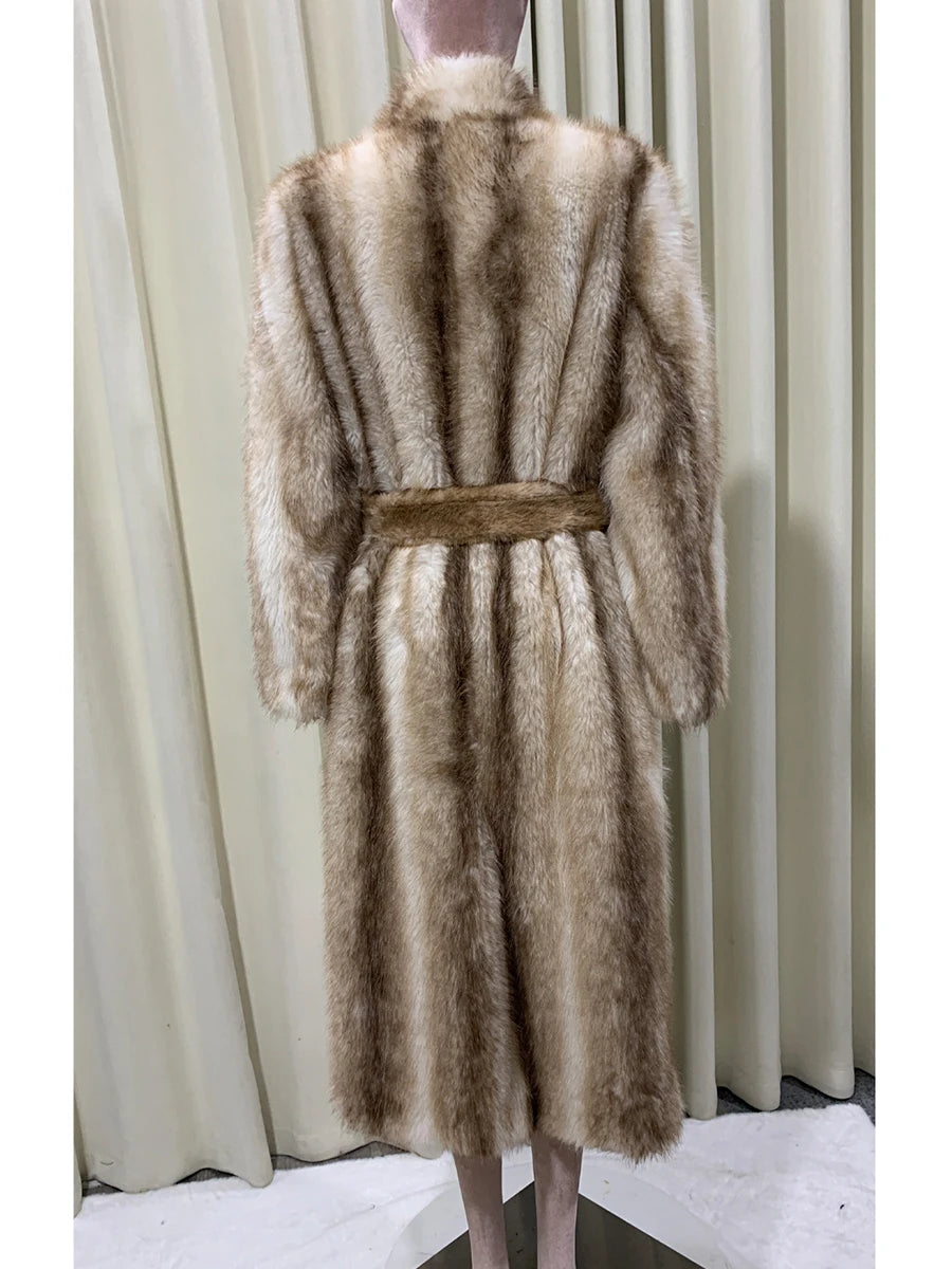 Autumn Winter Long Thick Warm Soft Hairy Striped Faux Fur Coat Women Runway Fashion Chic Loose Casual Fluffy Furry Overcoat 2025