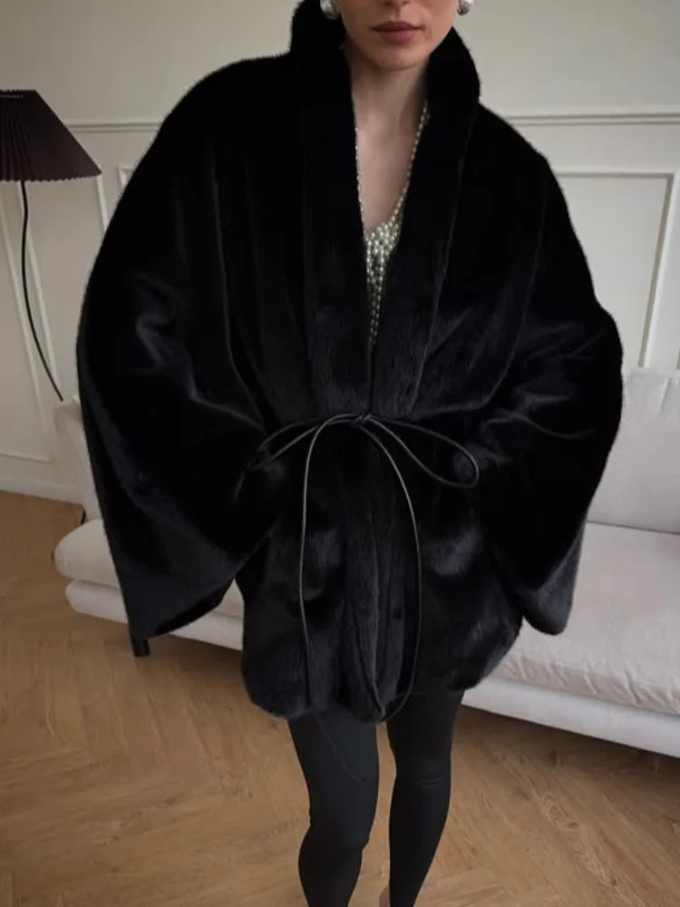 Women's Elegant Faux Fur Coat Fashion Oversized Long Sleeve Warm Belt Waist Jacket Lady 2026 Spring New Chic Street Outerwear