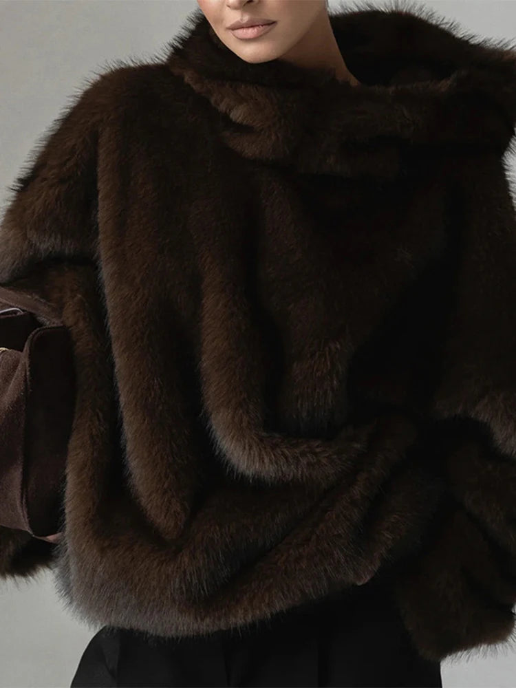 Winter Brown Faux Fur Hooded Women's Coat Full Sleeve Warm Thick Loose Plush Pullover Female 2025 Fashion Lady New Outwear