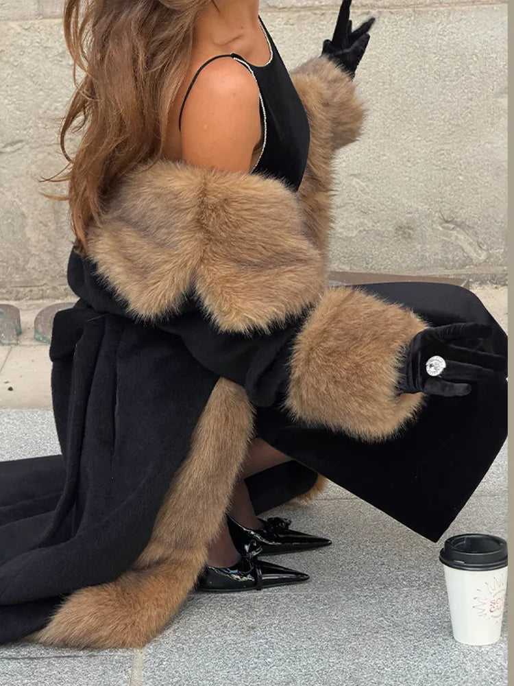 2026 Woman Vintage Faux Fur Woolen Long Luxury Overcoat Chic Full Sleeve V-neck Lace Up Loose Coat New Lady Commute Warm Outwear
