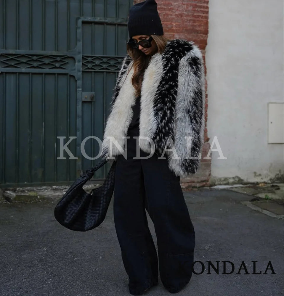 KONDALA Women High Street Fur Coat Trendy Contrast Jacket O-Neck Faux Fur Jacket Coat 2025 Fall Winter Fashion Female Retro Coat