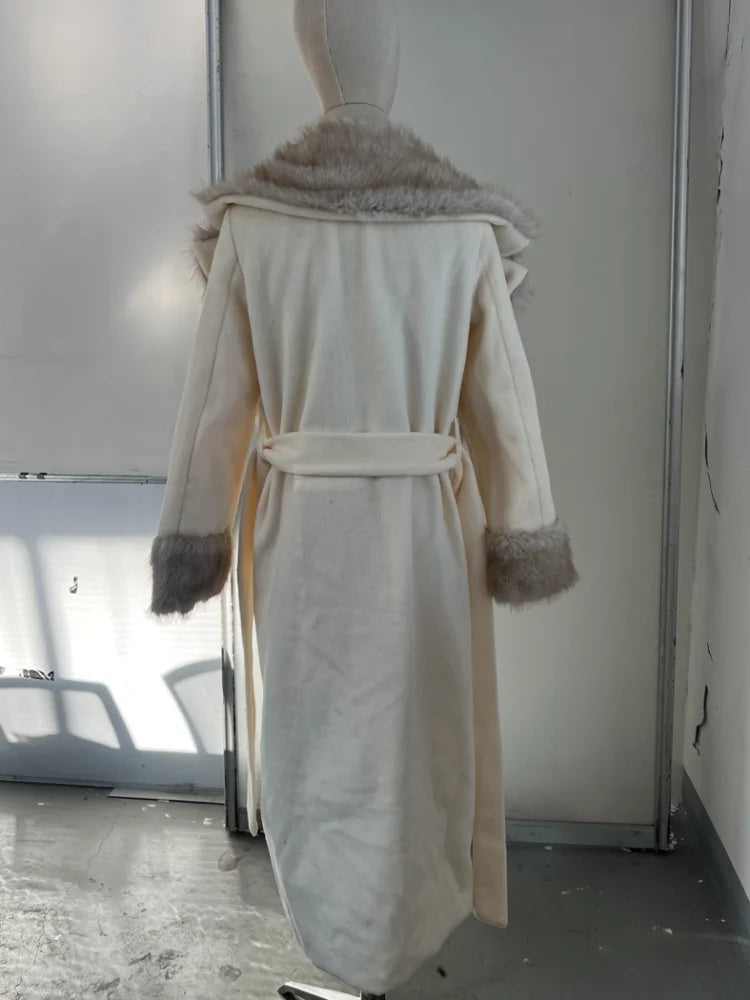 2026 Woman Vintage Faux Fur Woolen Long Luxury Overcoat Chic Full Sleeve V-neck Lace Up Loose Coat New Lady Commute Warm Outwear