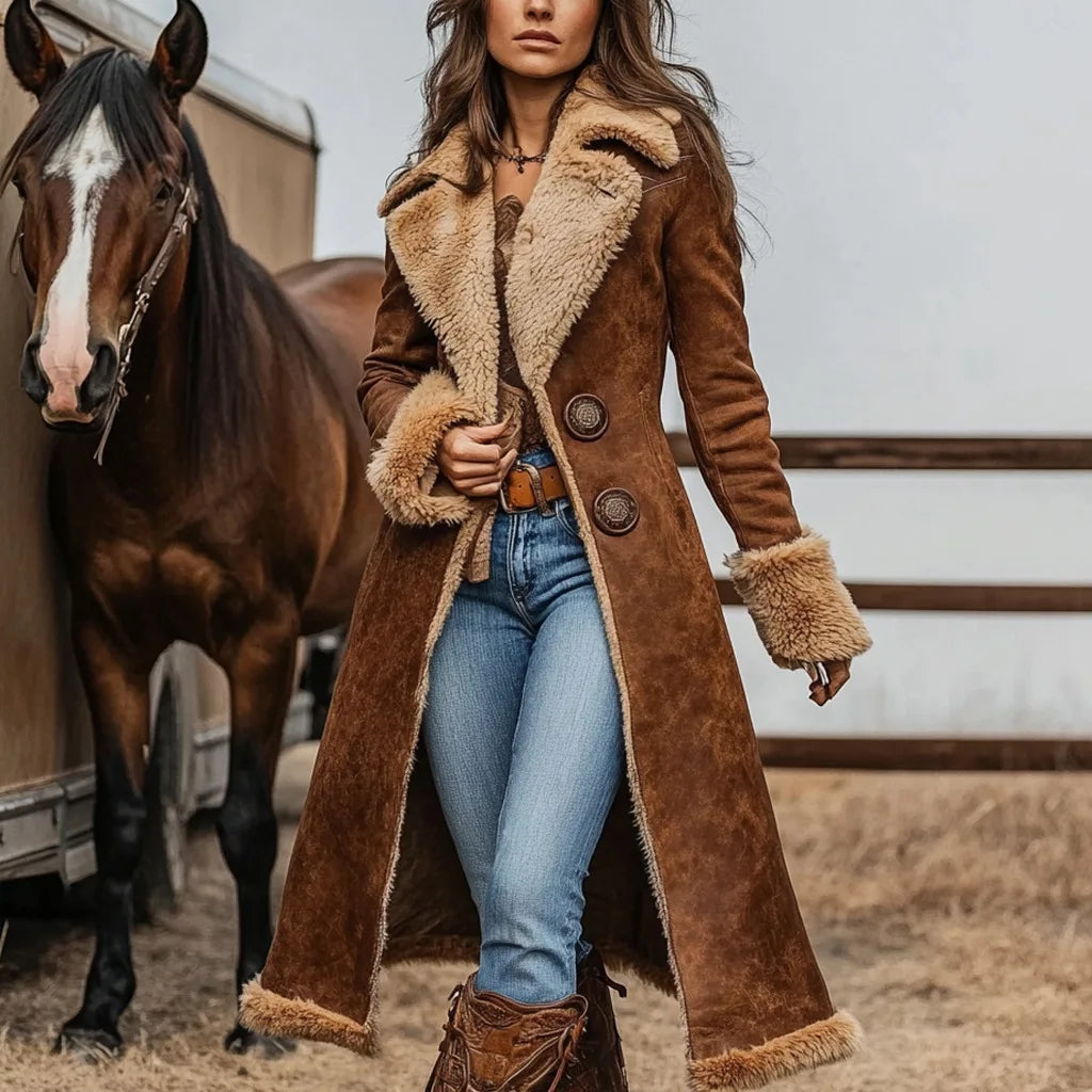 Women's Brown Vintage Coat Western Denim Plush Autumn And Winter Fashionable Warm Coat Outdoor Windproof Slim Fit Windbreaker