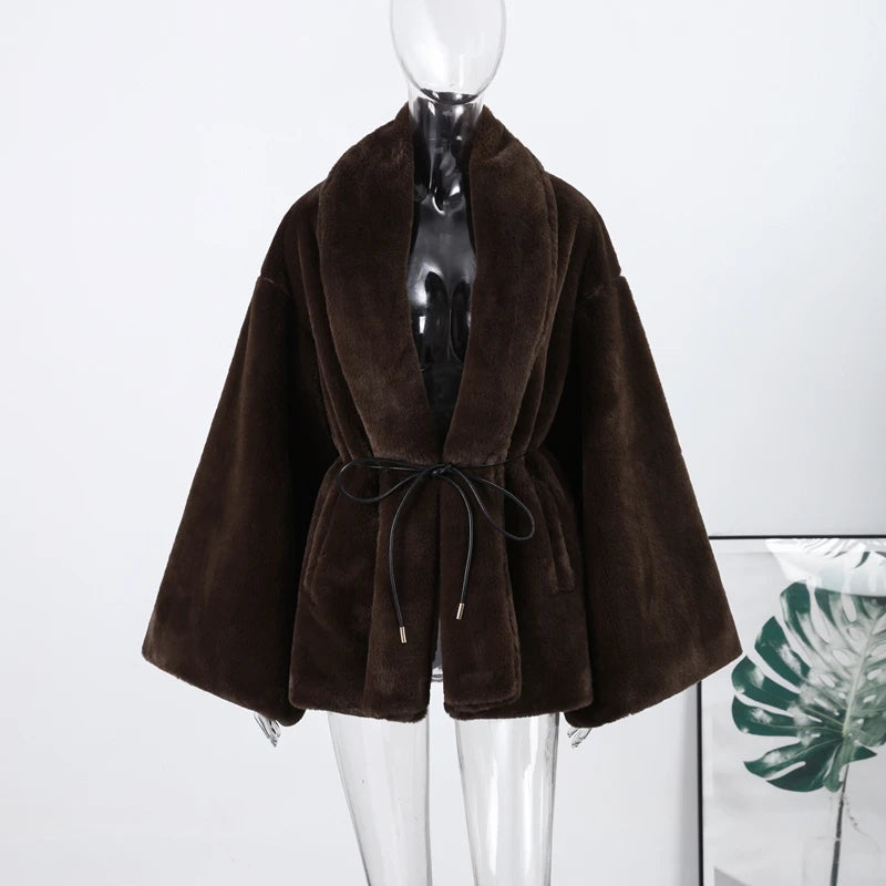 Women's Elegant Faux Fur Coat Fashion Oversized Long Sleeve Warm Belt Waist Jacket Lady 2026 Spring New Chic Street Outerwear