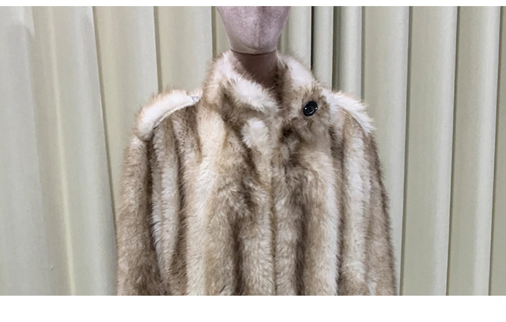 Autumn Winter Long Thick Warm Soft Hairy Striped Faux Fur Coat Women Runway Fashion Chic Loose Casual Fluffy Furry Overcoat 2025