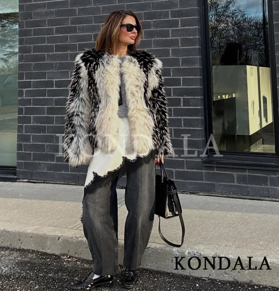 KONDALA Women High Street Fur Coat Trendy Contrast Jacket O-Neck Faux Fur Jacket Coat 2025 Fall Winter Fashion Female Retro Coat