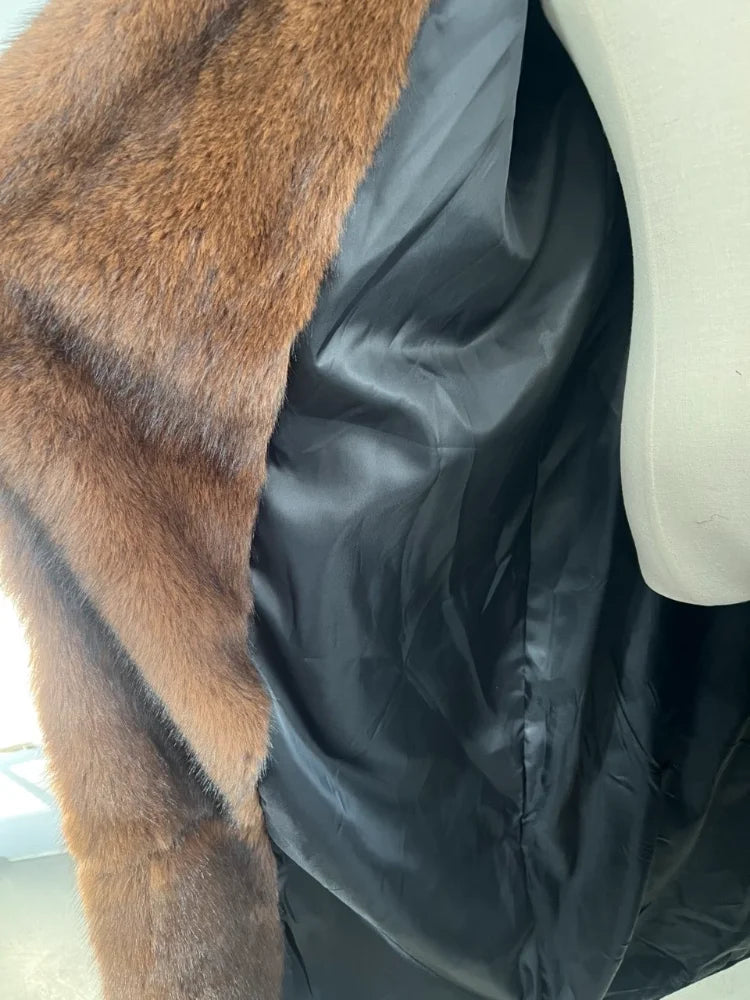 2026 Woman Vintage Faux Fur Woolen Long Luxury Overcoat Chic Full Sleeve V-neck Lace Up Loose Coat New Lady Commute Warm Outwear
